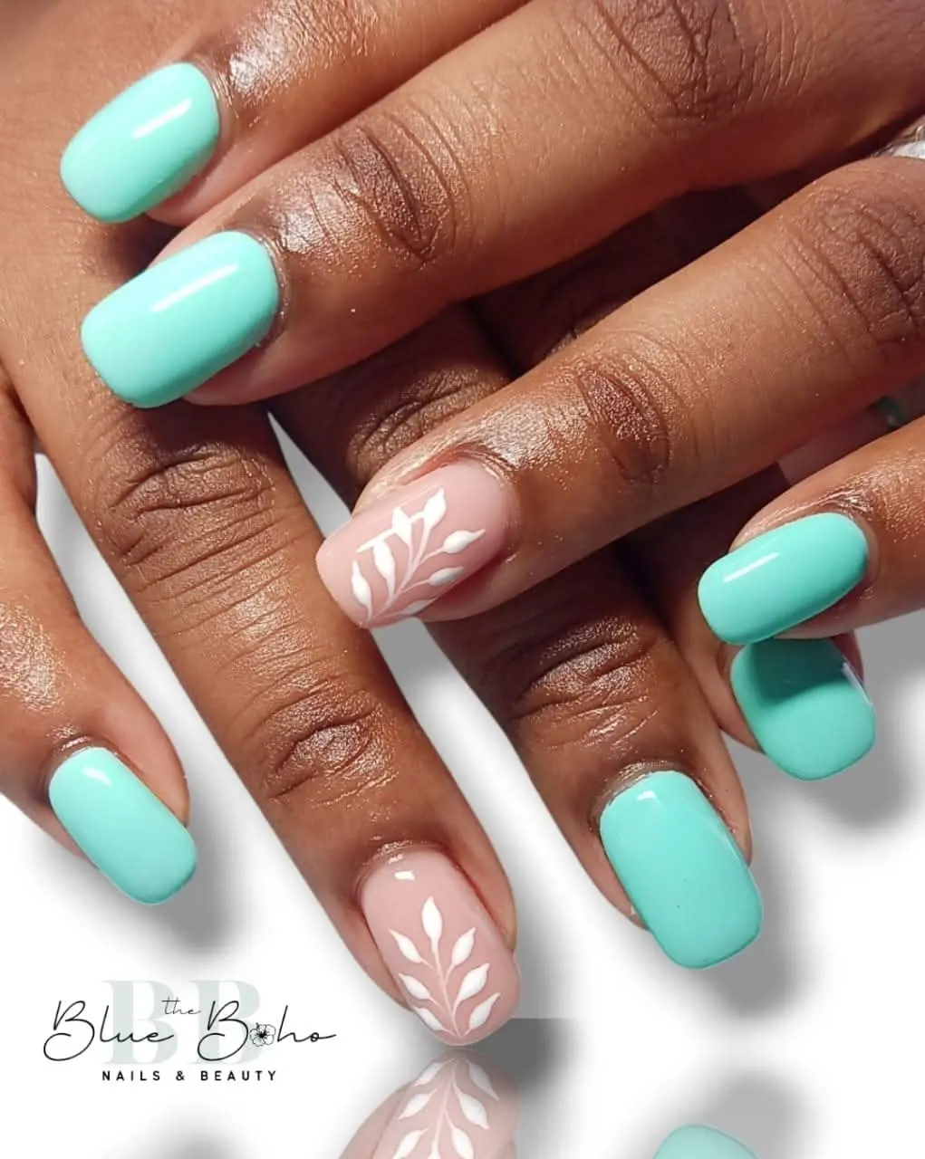 The Blue Boho Blue and Leave Nail Design