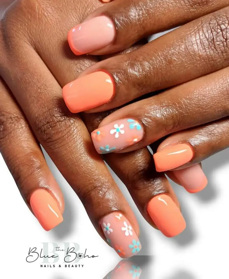 The Blue Boho Coral with Flowers Nail Design