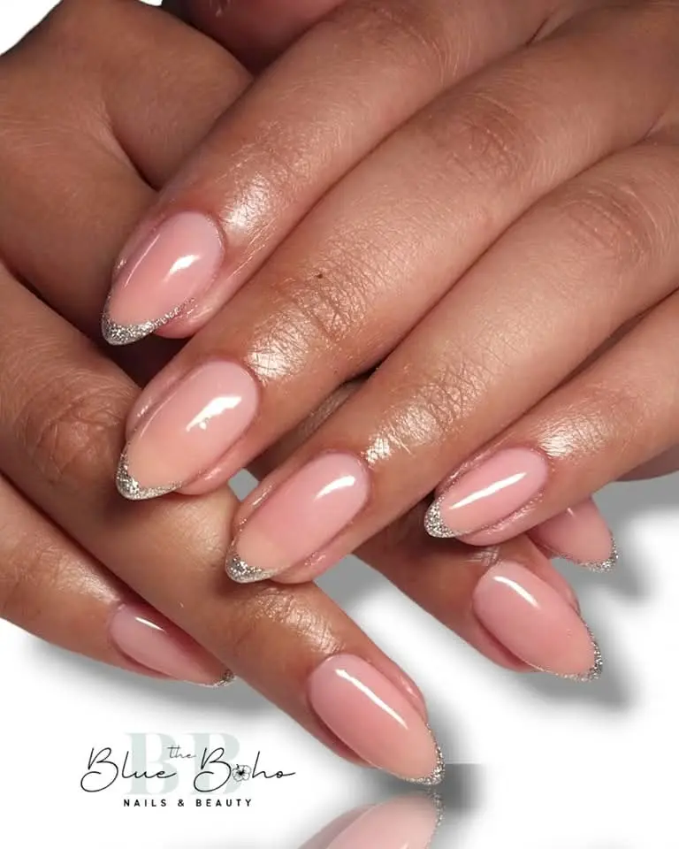 The Blue Boho Glitter French Nail Design