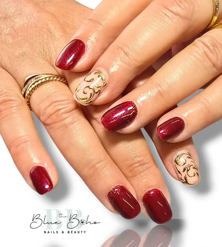 The Blue Boho Maroon and Hand Painted Art Nail Design