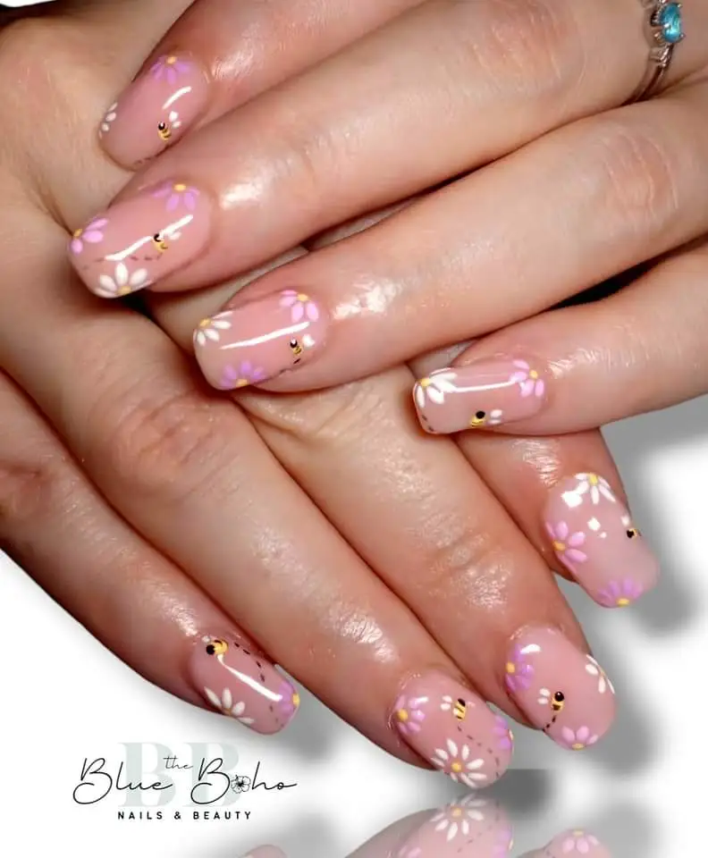 The Blue Boho Nude with Flowers Nail Design