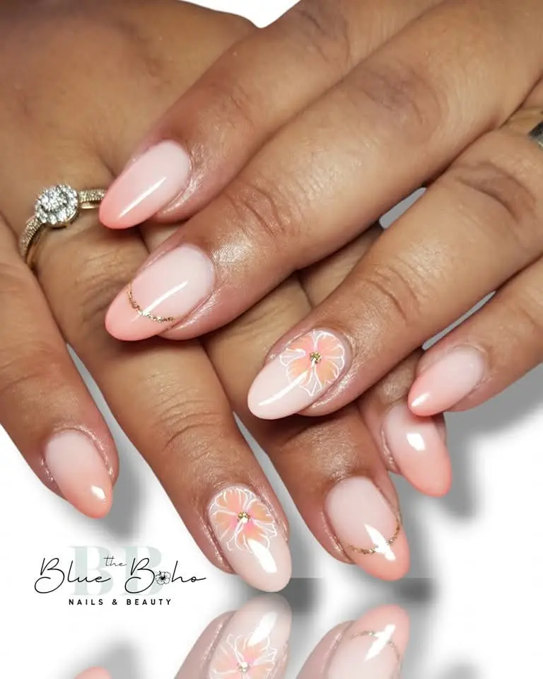 The Blue Boho Peach Flowers Nail Design