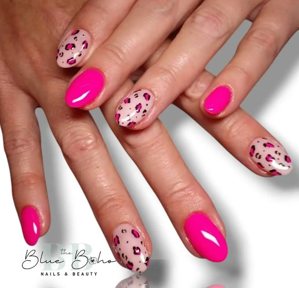 The Blue Boho Pink Leopard Print Nail Design