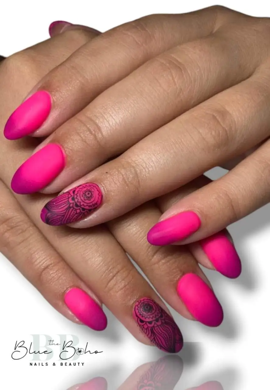 The Blue Boho Pink and Black Matt Nail Design