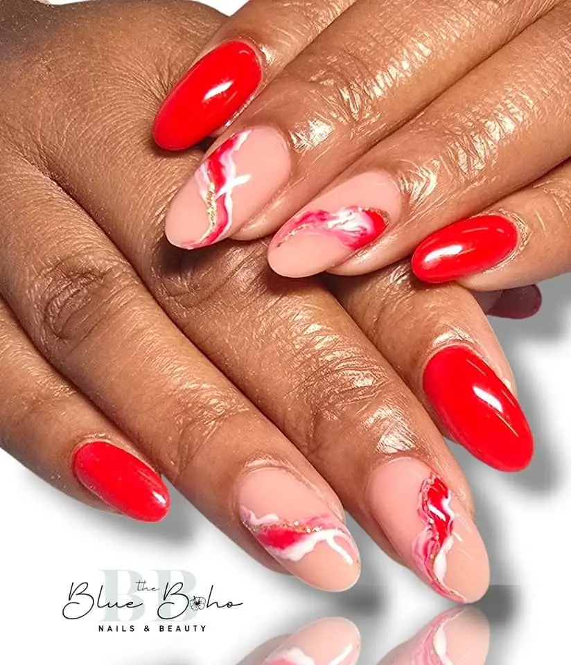 The Blue Boho Red Marble Squiggle Nail Design