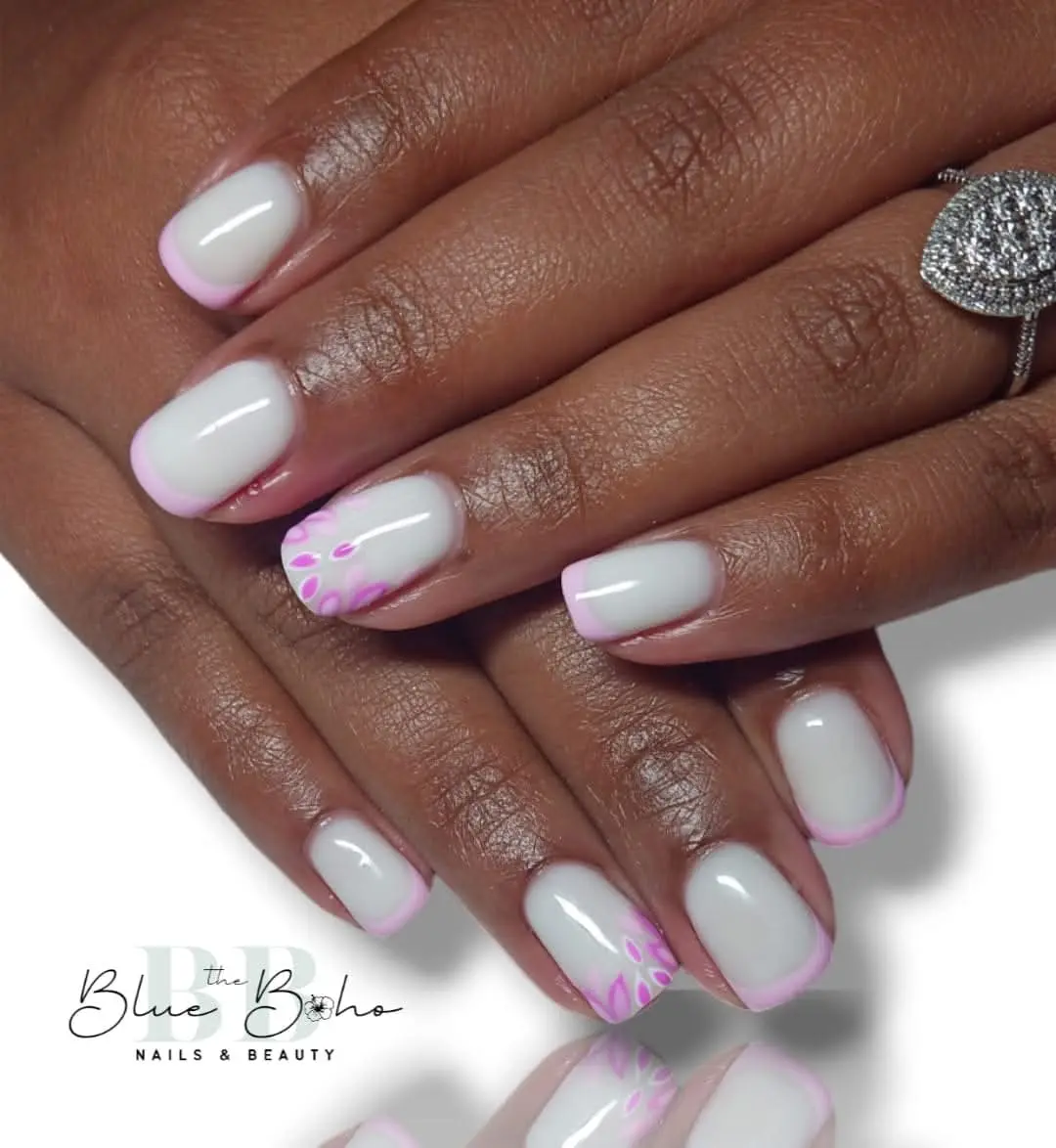 The Blue Boho White and Pink French Nail Design